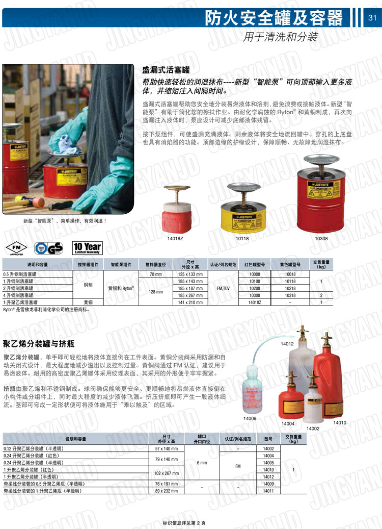 美國杰斯瑞特，JUSTRITE，活塞安全罐，盛漏式活塞罐，化學品分裝罐，